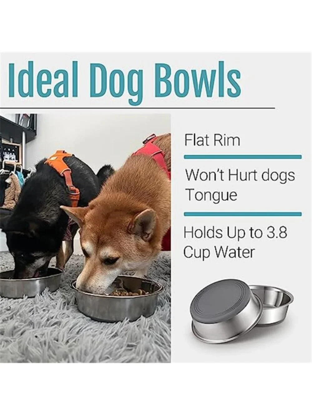 Nonslip Stainless Steel Dog Bowls, 3.8 US Cup, 2 Count | No slide silicone